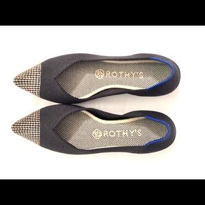 Rothy’s Black Pointed Embroidered Gold Shoe